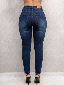 Pantalón Mezclilla Stretch Mujer Corte Skinny Cintura Alta - Azul lavado oscuro - Ver 3