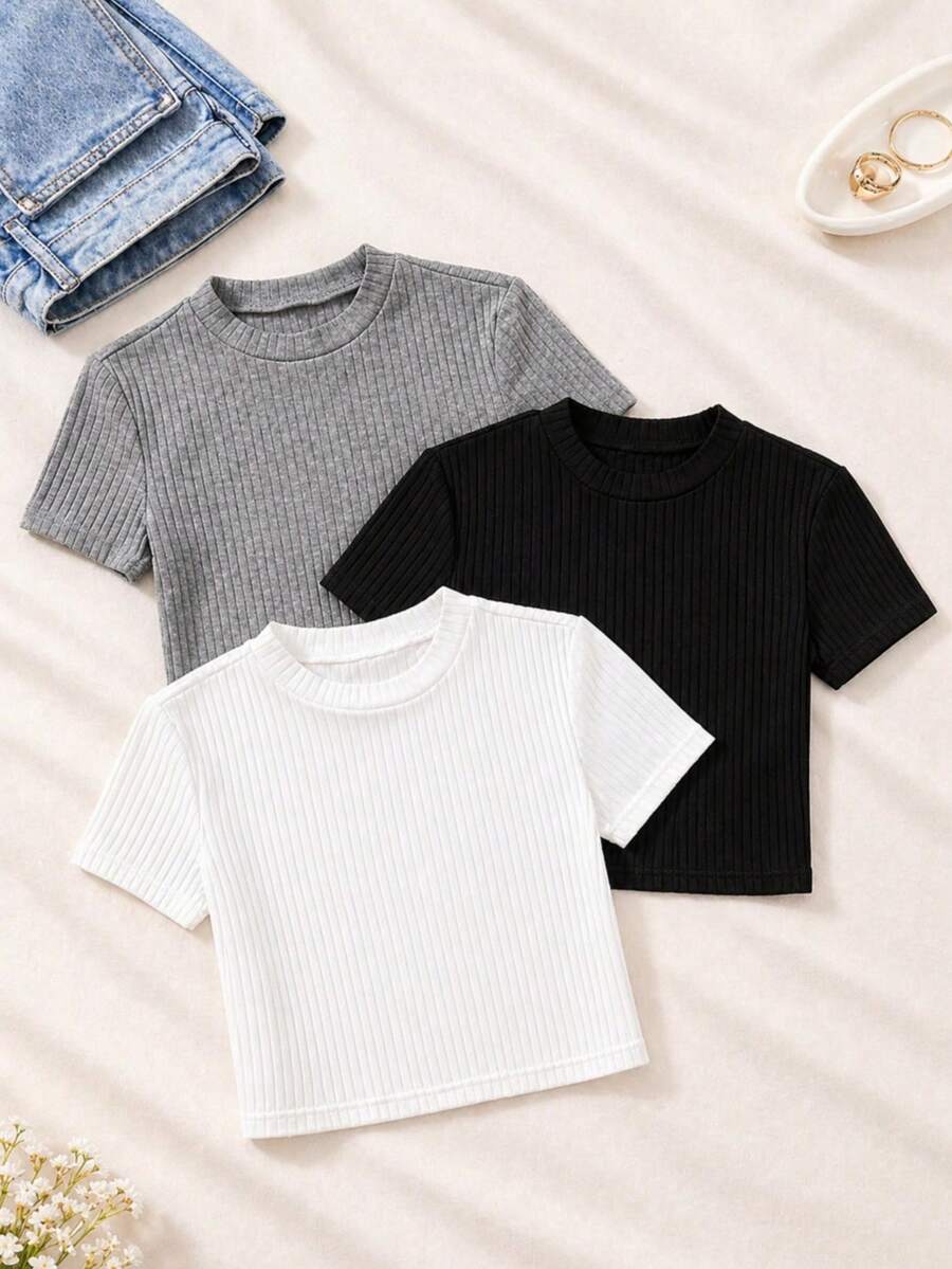 3pcs Women's Summer Ribbed Crop T-Shirt Set, Breathable, Stretchy, Soft & Comfortable Daily Basic Tops - Grey - View 1