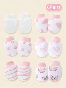 6 pares de manoplas antiarañazos multicolor con estampado de corazón y arcoíris, adecuadas para uso diario de recién nacidos - Multicolor - Ver 8