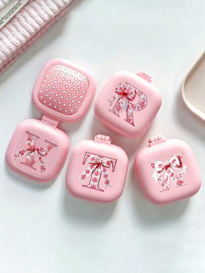 Pink Bow 26 Letter Square Folding Comb With Mirror, 2-In-1 Portable Folding Makeup Mirror Comb, Mini Foldable Air Cushion Massage Brush, Suitable For Wedding, Travel, Camping, Office, Business Trip, Sports, Outdoor, Performance, Hair Grooming, Multifunctional, Back To School, Mother's Day Gift, Travel Essential, Easter Gift, Women Accessories