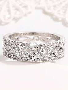 Nhẫn đôi hình chữ nhật ba lớp bốn chấu sang trọng, đá Cubic Zirconia tổng hợp, quà tặng đính hôn/cưới. - trắng - Xem 4