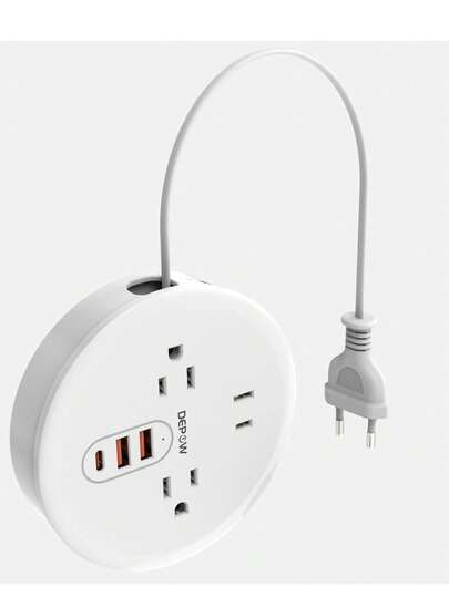  DEPOW European Travel Plug Adapter With USB C, EU Travel Power Strip With 3 Outlets 3 USB Ports, Outlet Converter US To Europe With 4Ft Extension Cord For Travel, Cruise, Dorm Essentials, White