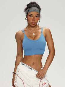 PinkTip Cross-Back Shaping Sports Bra, Built-In Bra, Supportive, Seamless, Suitable For Yoga And Casual Sports - Baby Blue - View 5