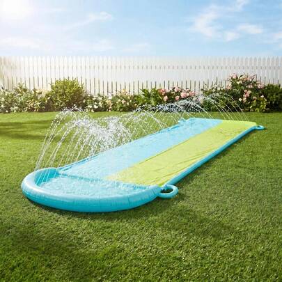18ft Double Lane Water Slide Racer With Sprinklers, Inflatable Outdoor Slip And Slide For Kids & Adults Backyard Summer Fun, Blue