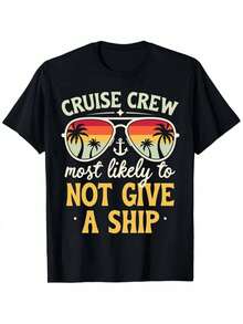 Camiseta náutica "Cruise Crew Most Probably to Not Give A Ship" - camiseta negra suave ligera beige-amigable con gráfico de crucero, manga corta casual cuello redondo para las vacaciones, ropa callejera todo el año y traje casual - Negro - Ver 2