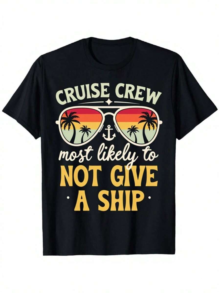Camiseta náutica "Cruise Crew Most Probably to Not Give A Ship" - camiseta negra suave ligera beige-amigable con gráfico de crucero, manga corta casual cuello redondo para las vacaciones, ropa callejera todo el año y traje casual