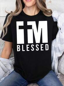 Women'S Short-Sleeve Letter T-Shirt, Easy Letter Print Tee, Casual Black Round-Neck T-Shirt, Elastic, Machine Washable, Suitable for Spring/Summer/Autumn And Leisure - Negro - Ver 2