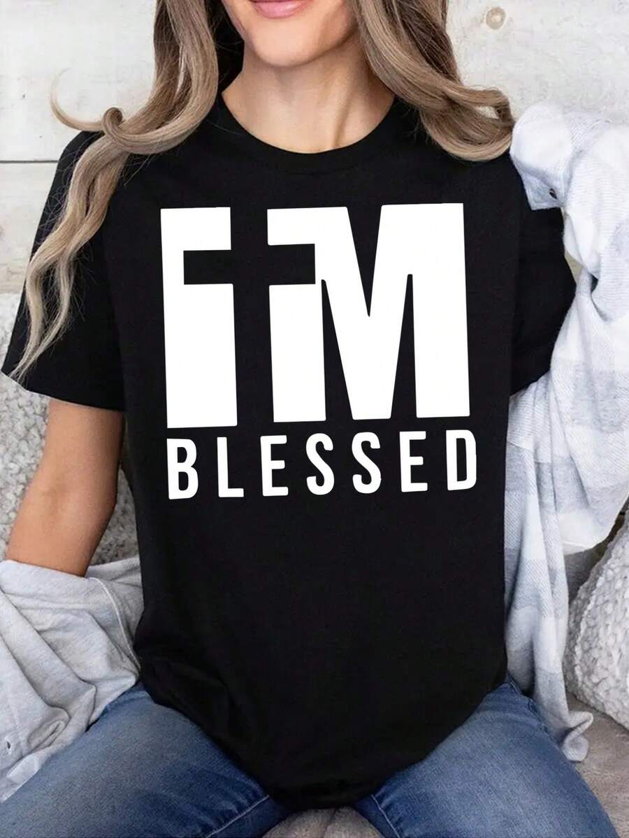 Women'S Short-Sleeve Letter T-Shirt, Easy Letter Print Tee, Casual Black Round-Neck T-Shirt, Elastic, Machine Washable, Suitable for Spring/Summer/Autumn And Leisure