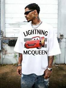 Disney Lightning McQueen Cars Graphic Tee, Casual White Oversized Crewneck T-Shirt, Retro Racing Car Print Short Sleeve Cotton Top, Streetwear For Men And Women, Perfect For Everyday Wear, Casual Outings, Summer Street Style, Ideal Holiday Gift For Movie Fans, Breathable Comfortable All-Season Essential T-Shirt - 白色 - 查看 1