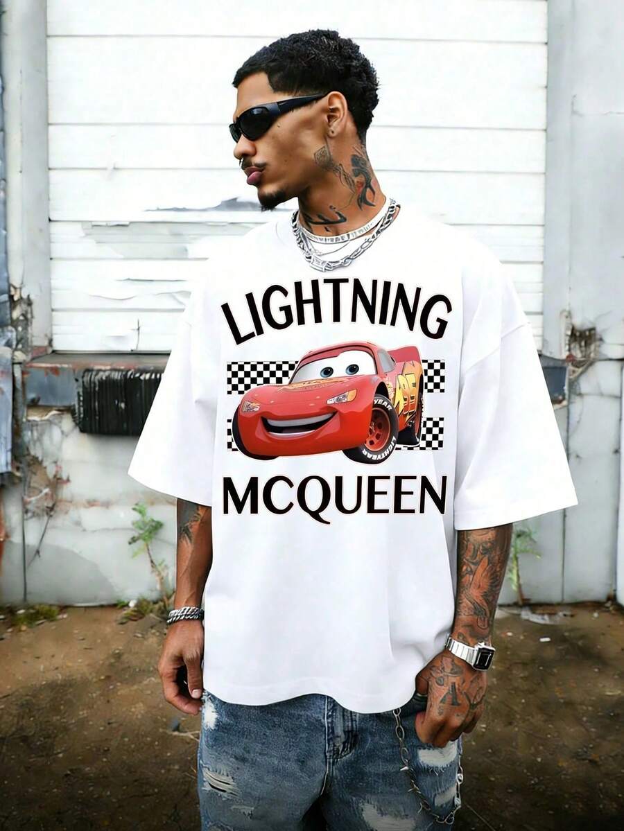 Disney Lightning McQueen Cars Graphic Tee, Casual White Oversized Crewneck T-Shirt, Retro Racing Car Print Short Sleeve Cotton Top, Streetwear For Men And Women, Perfect For Everyday Wear, Casual Outings, Summer Street Style, Ideal Holiday Gift For Movie Fans, Breathable Comfortable All-Season Essential T-Shirt - 白色 - 查看 1