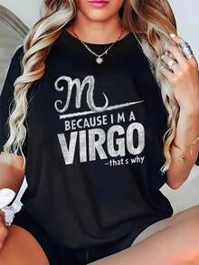Plus Size, Women's Plus Size Virgo Zodiac T-Shirt - "Because I'm A Virgo" Bold Text Graphic Tee, Loose Fit Everyday Shirt, Machine Washable Astrology Top For Virgo Women Birthday Gift Idea - 黑色 - 查看 1