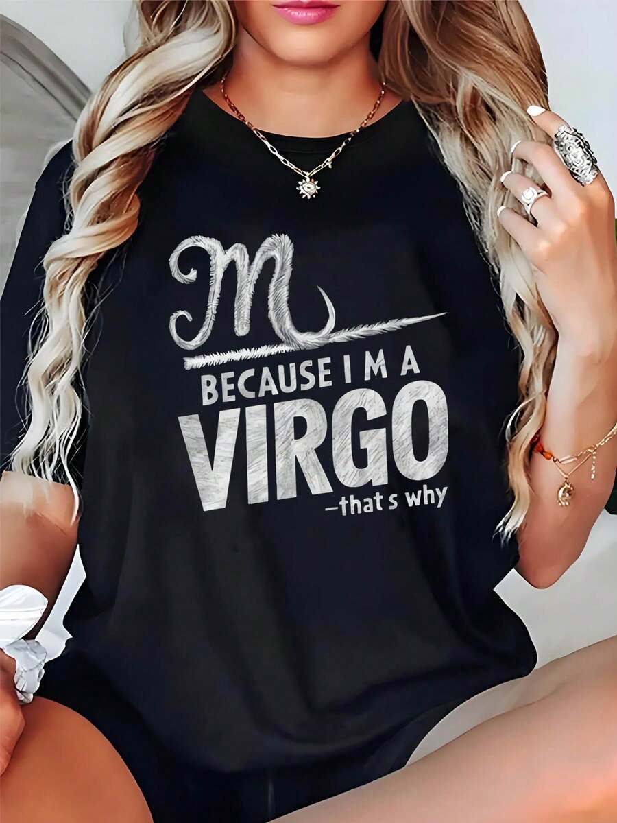 Plus Size, Women's Plus Size Virgo Zodiac T-Shirt - "Because I'm A Virgo" Bold Text Graphic Tee, Loose Fit Everyday Shirt, Machine Washable Astrology Top For Virgo Women Birthday Gift Idea - 黑色 - 查看 1