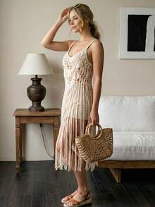 Bohemian V-Neck Tassel Sleeveless Cover Up, Suitable For Vacation And Beach - Apricot - View 5