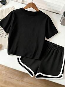 Tween Girl Casual Minimalist Short Sleeve Top And Shorts 2 Pieces Set, Suitable For Summer - Black - View 2