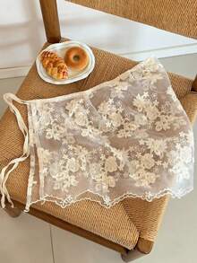 1pc French Rose Embroidered Mesh Apron, Soft Tie-Up Asymmetrical Layered Waist Chain - Multicolor - View 5