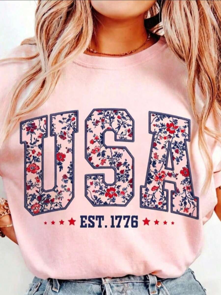 Floral USA Shirt, Retro America Shirt, 4th Of July PNG, 4th Of July, Retro USA ,Soft Cotton, Unisex Fit, Classic Design-Loose-Fit Easy Relaxed Styl - 粉色 - 查看 1