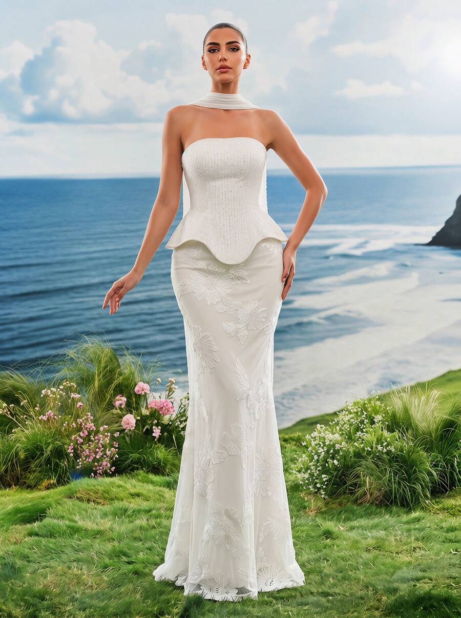 Elasola 女士优雅花卉蕾丝美人鱼长裙，配以仿珍珠装饰披肩和束身胸衣，正式晚礼服，适合婚礼新娘、毕业舞会、正式宴会和春季派对等场合。 - 白色 - 查看 1