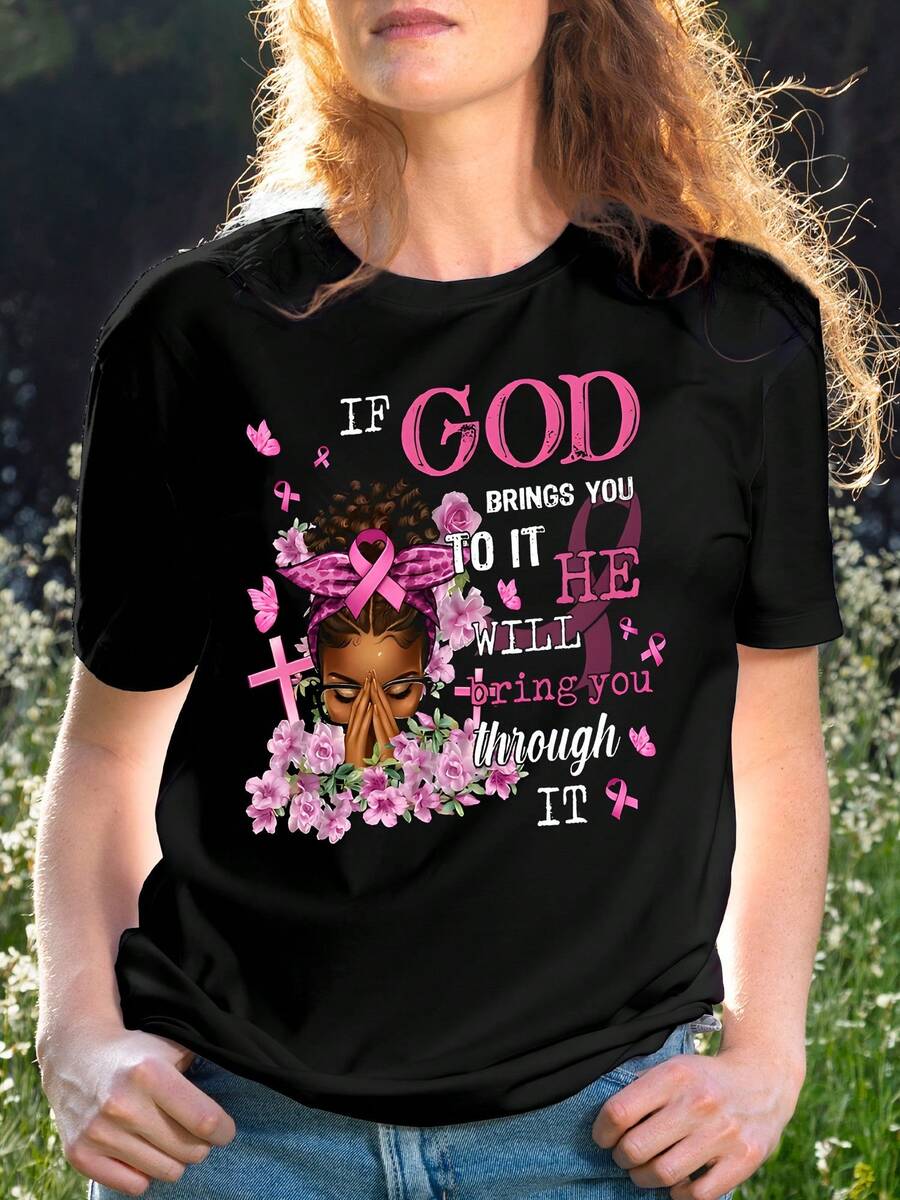 Womens Breast Cancer Awareness T Shirts In October We Wear Pink 2024 Halloween T-Shirt Breast Cancer Shirts For Women Ribbon Cure Pink Cancer Fighter Shirt Halloween Pumpkin Tops Wear Pink - 黑色 - 查看 1