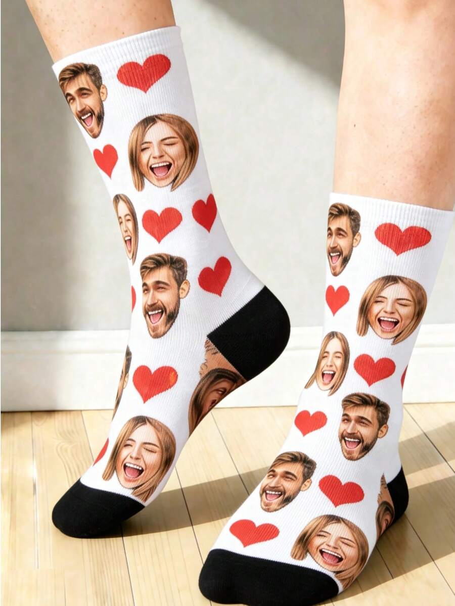 1 Pair Customized Black Knit Comfortable Couple Face & Heart Print Socks, Suitable For Anniversary/Gift Occasions - White - View 1