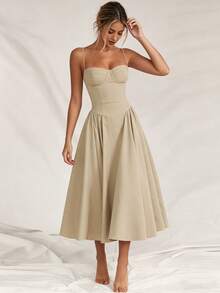 2026 Spring New Women's Clothing: Cross-Border European And American Dress, Elegant French Retro Waist-Cinching Strap Dress - 杏色 - 查看 6