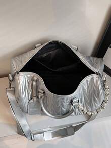 PU皮革素色絎縫大容量旅行托特包，珍珠鏈手提行李包，短途商務出差健身運動斜背旅行包，溫柔女孩風格手提行李包，多功能通勤健身收納包 - 彩色 - 查看 8