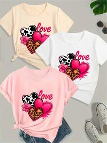 Women's Short-Sleeved One-Piece Top With Leopard Print And Pink Hearts, Adorned With Flowers And The Word "Love", Elastic Top. - 杏色 - 查看 1