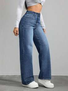 Pantalones vaqueros anchos sueltos y versátiles de mujer con diseño de bolsillos - Azul lavado oscuro 3 - Ver 3