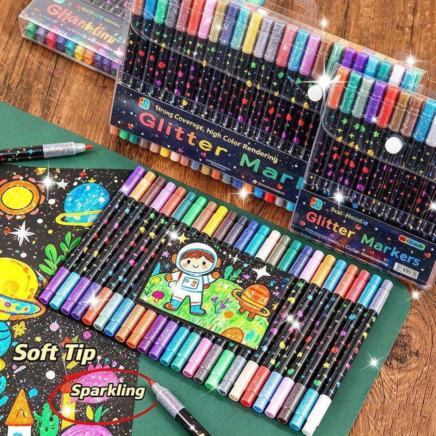 12 Colors Dual Tip Glitter Acrylic Markers Set, Double Headed Shiny Sparkle Paint Pens For Rock Painting, Wood, Fabric, Glass, DIY Crafts, Art Supplies Perfect Gift For Friends, Ideal Present For Birthday Christmas All Festivals - Sets - View 1