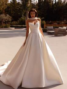 Elegant Sexy Deep V Neck Satin A Line Off Shoulder Backless Wedding Dress With Sleeveless, Registry Office Dresses Bridal Gown, Evening Party Dress Birthday Party Dress Country Wedding,Romantic Church Ceremony Wedding Dress,Suitable For Wedding, Dating, Party, Singles' Party, Vacation, Formal Occasions, Dinner Dress, Prom Dress, Homecoming Dress, Cocktail Party, Wedding Guest Dress, Graduation - trắng - Xem 4