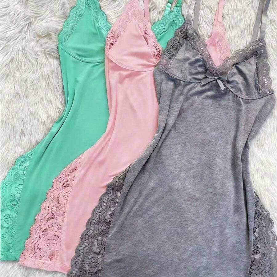 3-Piece Set Romantic Lace Trim Solid Color Side Split Dress Three Color Dress, Bow Thin Shoulder Strap Silky Suspender , Women's Sexy Loungewear - 多色2 - 查看 1