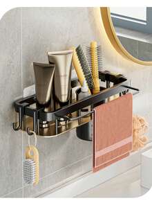 1pc Black No-Drill Bathroom Hollow Storage Rack With Hooks And Pen Holder, Wall-Mounted Drainage Shower Caddy For Back To School Season - Multicolor - View 9