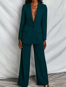 Women's Solid Color Lapel NeckLong Sleeve Blazer And Pants Casual Suit - Peacock Blue - View 2