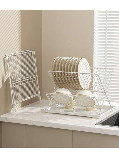 1PC Foldable 2-Tier Metal Kitchen Dish Drying Rack, Large Capacity With Removable Drip Tray, Perfect For Small Kitchens, Apartments, Dorms, RVs, For Storing And Drying Plates, Bowls, Cups, Glasses, Ideal For Daily Cooking, Post-Meal Cleanup, Holiday Parties, Open Grid Design Maximizes Drainage, Foldable Size For Easy Storage, Sturdy And Durable, Not Easy To Deform, Kitchen Essential Efficient Dish Drying Tool