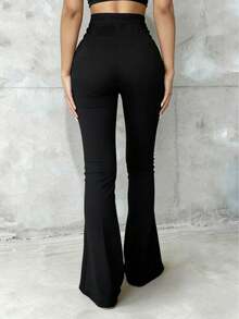 Tall Women High-Waist Flare Pants, Front Seam Detail, Button Closure, Black, Suitable For Casual And Formal Occasions, Stretch Fabric - Black - View 3