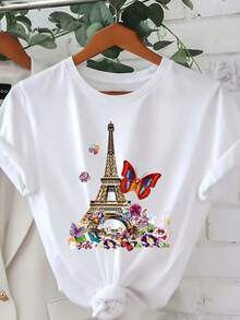 [Edición Europea]Mariposas y la Torre Eiffel - Camiseta Estándar de Manga Corta - Blanco - Ver 1