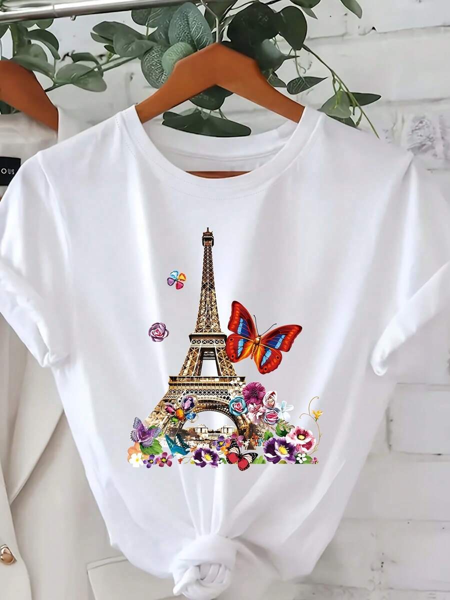 [Edición Europea]Mariposas y la Torre Eiffel - Camiseta Estándar de Manga Corta - Blanco - Ver 1
