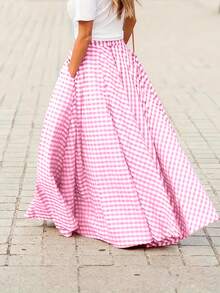 Women's Elegant Plaid Mid-Length Skirt, High Waist Flared Hem Skirt, Spring/Summer Pink - Pink - View 4