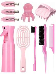 Kit completo de ferramentas para penteados, cor rosa, com 10 peças, incluindo borrifador, pentes, escova de limpeza, presilhas, massageador de couro cabeludo e escova desembaraçante. Ideal para limpeza, massagem, alisamento, tranças e penteados. Material durável e hipoalergênico, fácil de usar, visual moderno, perfeito para uso pessoal, iniciantes ou para presentear. - Conjunto de 10 escovas de shampoo - Ver 18
