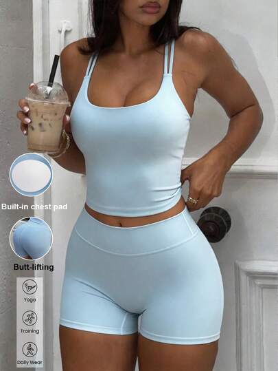 Conjunto informal de verano de 2 piezas para mujer Aoqta Sports, de unicolor, con camiseta de tirantes ajustada con acolchado en el pecho y pantalones cortos ajustados de cintura alta, adecuado para yoga, correr, entrenamiento y uso diario