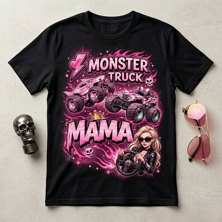 Monster Trucks Pink Mama Shirt, Retro Monster Jam Merch, Car Lover Birthday Mom Gift - Black - View 1