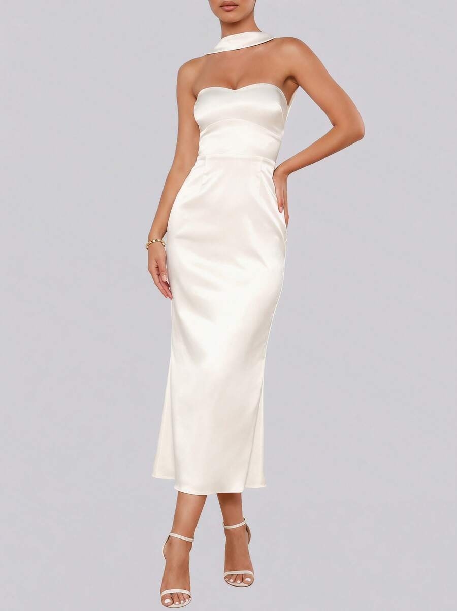 Sweetheart Halter Mermaid Satin Prom Party Gown In White,Bridesmaid Dress Wedding Elegant Spring - White - View 1