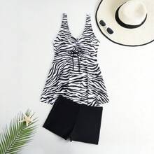 Sexy Bikini Conservative Swimsuit For Women, Zebra Print Drawstring Tank Top Two-Piece Swimsuit - Zebra Stripes - View 3