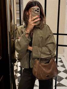 Women's Bomber Jacket, Spring Coat, Loose Long Sleeve Zipper Retro Jacket, New Style Jacket, Green Outerwear - Army Green - View 6