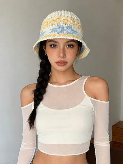 OBOVAY 1pc Women's Vintage Jacquard Hollow Out Woven Bucket Hat, Breathable UV Protection, Wide Brim Hat For Outdoor, Suitable For Summer Vacation And Beach