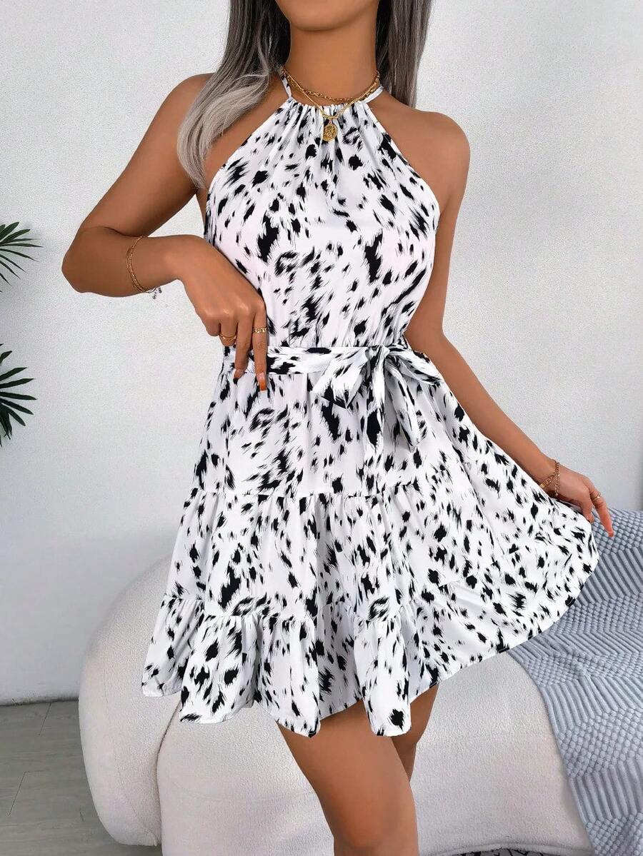 Vestido corto con estampado de leopardo para mujer, minivestido Sexy con cuello Halter y volantes para primavera y verano - BLANCO - Ver 1