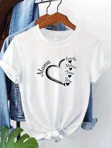 Modern, Casual Women's T-Shirt, Perfect For Parties And Lounging At Home. 100% Cotton, Relaxed Fit. Personalized Heart-Shaped Name T-Shirt, Custom Name T-Shirt, Personalized Gift For Mom, Printed Name T-Shirt, Mother's Day Gift, Grandma Gift, Valentine's Day T-Shirt, Heart T-Shirt, 100% Cotton - 白色 - 查看 2