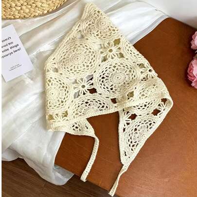 Ivory Knitted Hollow Triangle Scarf, Tassel Headscarf, Countryside Style Photoshoot Accessory