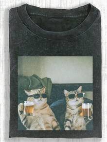 1pcsCute Cat Funny Graphic Graphic T-ShirtMen's Cotton T-Shirt, 230G Washed Short-Sleeve Suitable For Halloween, Christmas And Spring Festival Gifts - 黑色 35 - 查看 9