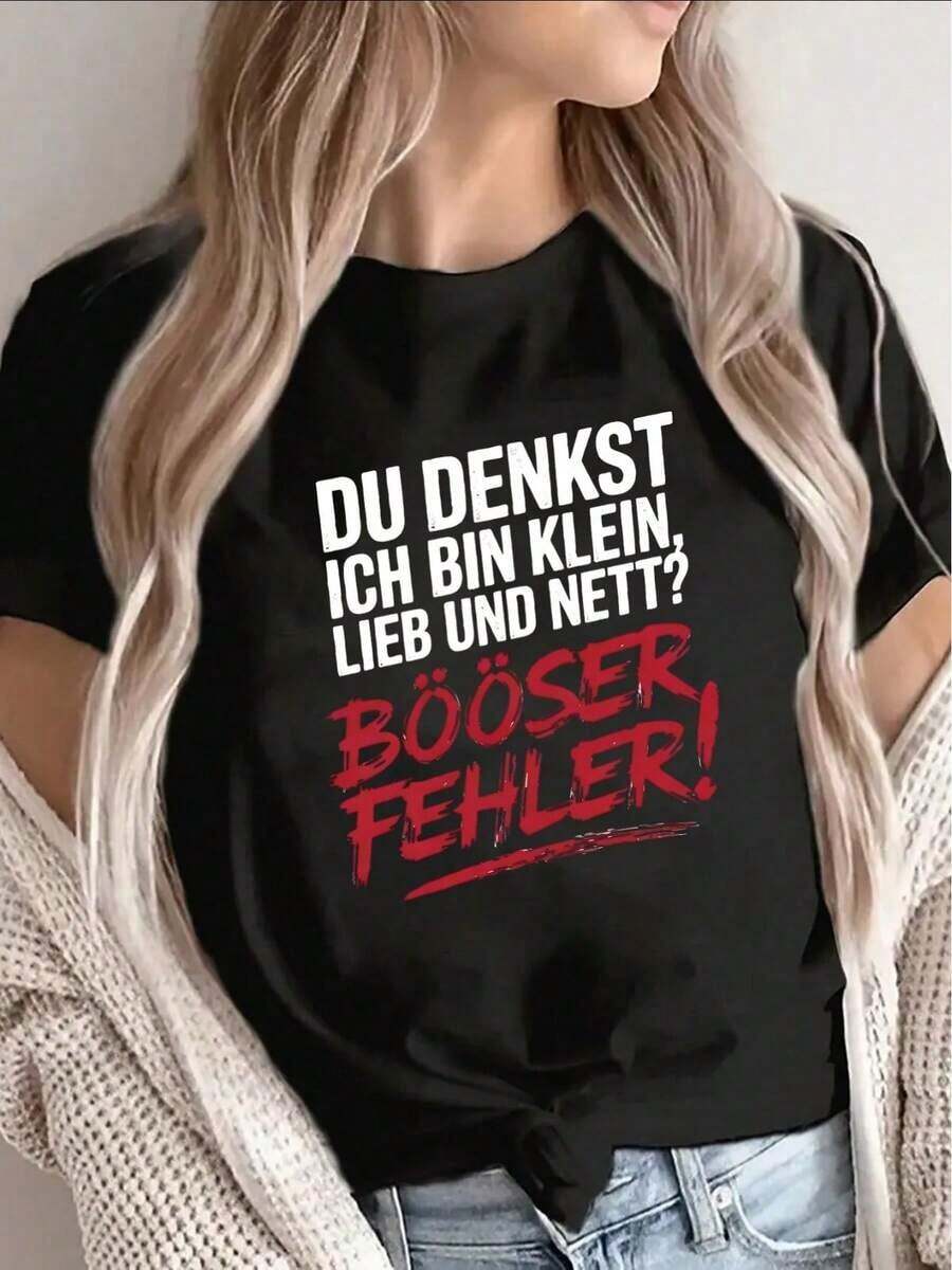 ropa de mujer Tops de verano son camisetas de manga corta con llamativos diseños de texto en alemán. Son ligeras y duraderas, adecuadas para uso casual en restaurantes o en casa, y presentan frases humorísticas, combinando la comodidad diaria con un aspecto elegante. - Negro - Ver 1