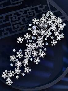 1pc Shiny Crystal Flower & Pearl Hair Comb, Elegant Women's Hair Accessory, Versatile For Daily Wear, Party, Celebration, Festival - Silver - View 4